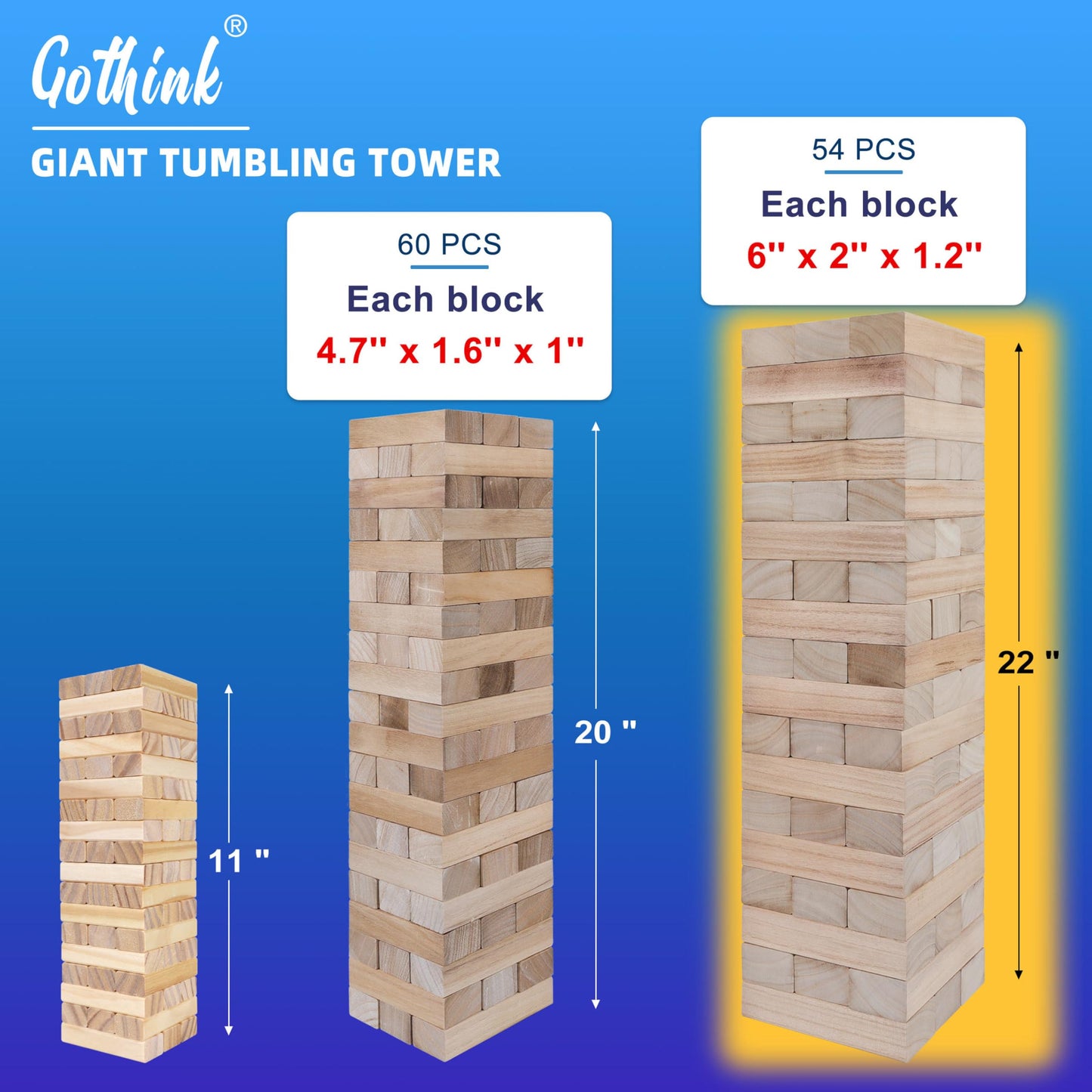GOTHINK Giant Tumble Tower Game – Large Outdoor Wooden Stack Blocks with Carry Case (54pcs)