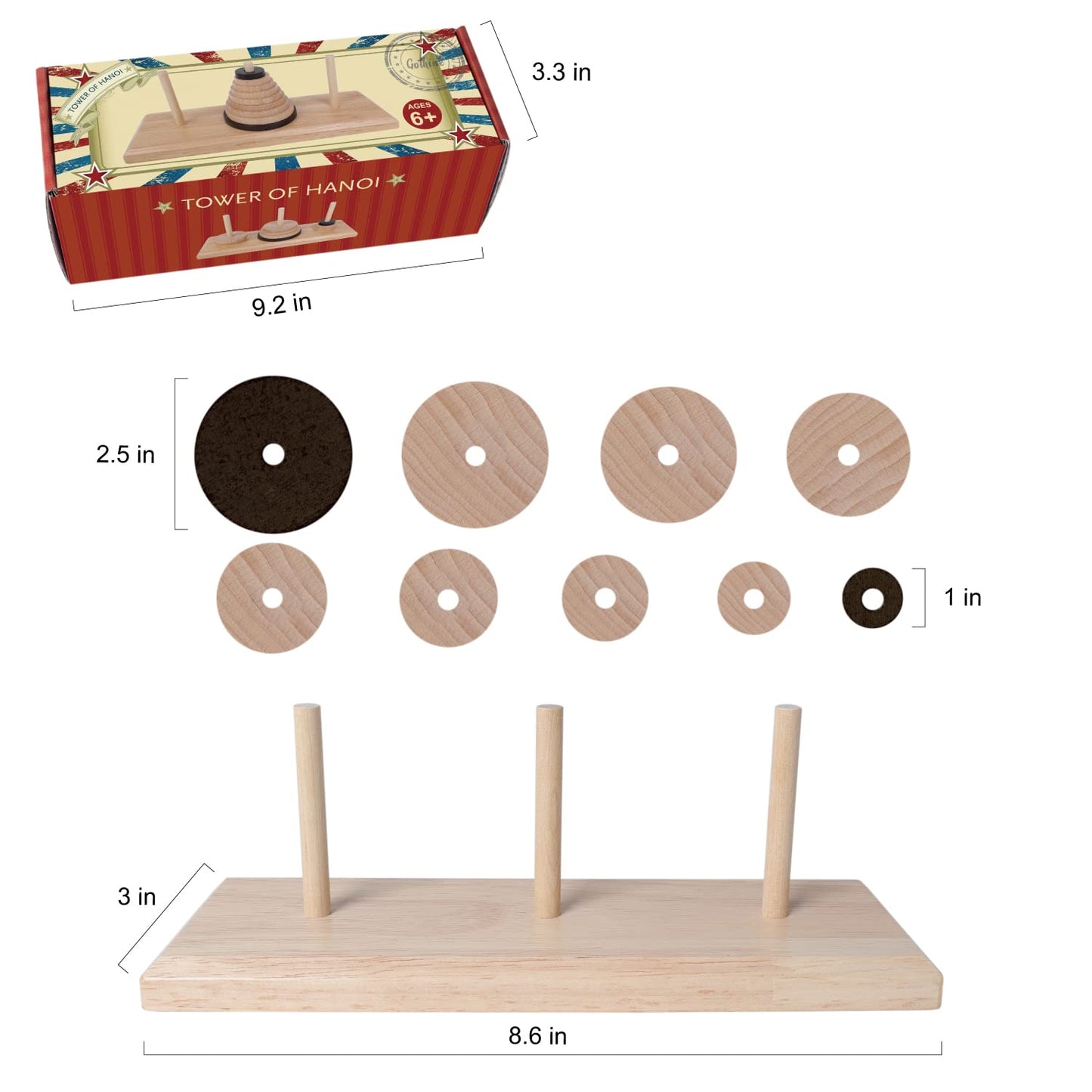 Gothink Wooden Nine-Storey Tower of Hanoi – Logic Puzzle for All Ages