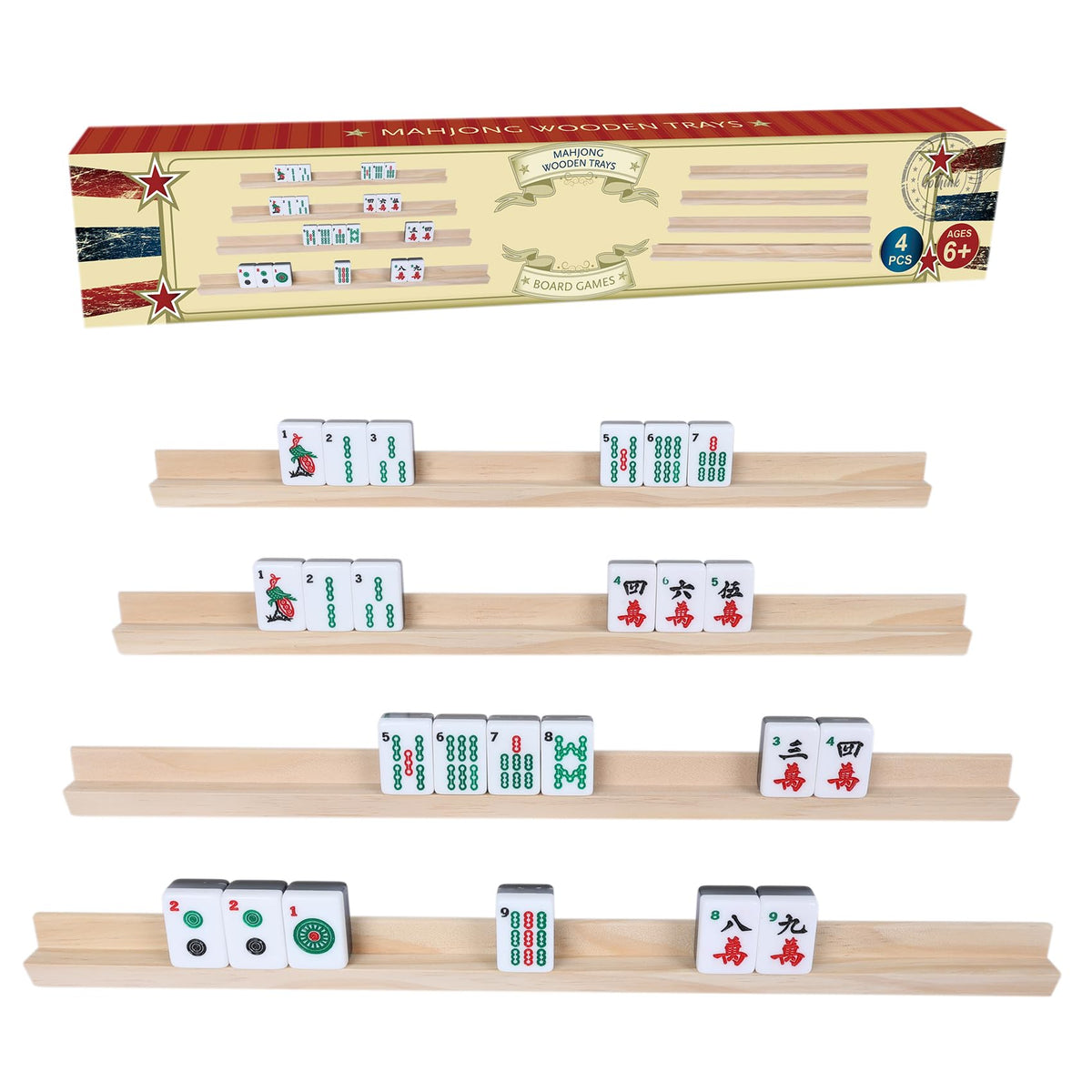 GOTHINK 4-Pack Wooden Mahjong Tray Racks for Mahjong & Mexican Train