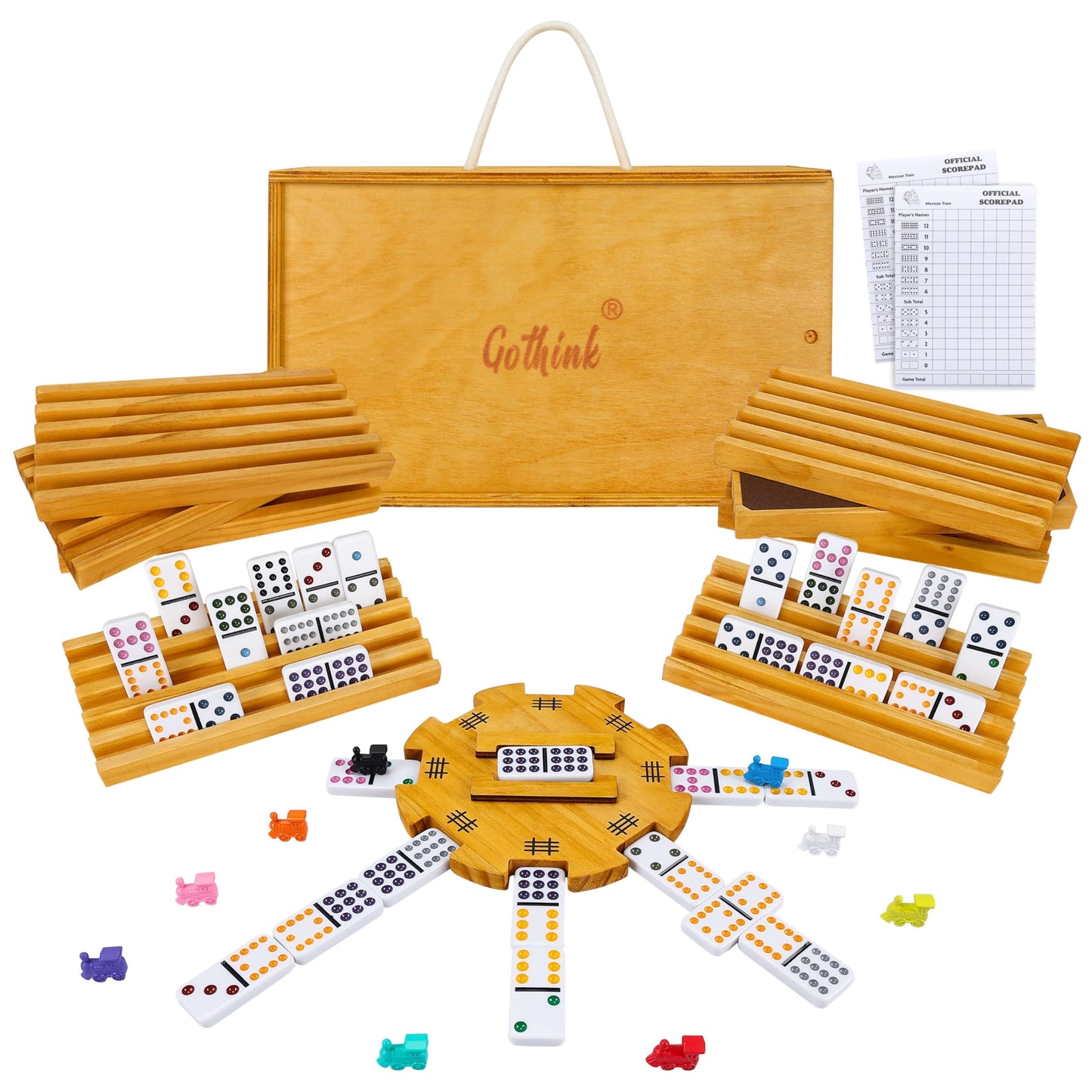 GOTHINK Mexican Train Dominoes Set – Double 12, Family Board Game with Trains, Racks & Wooden Case