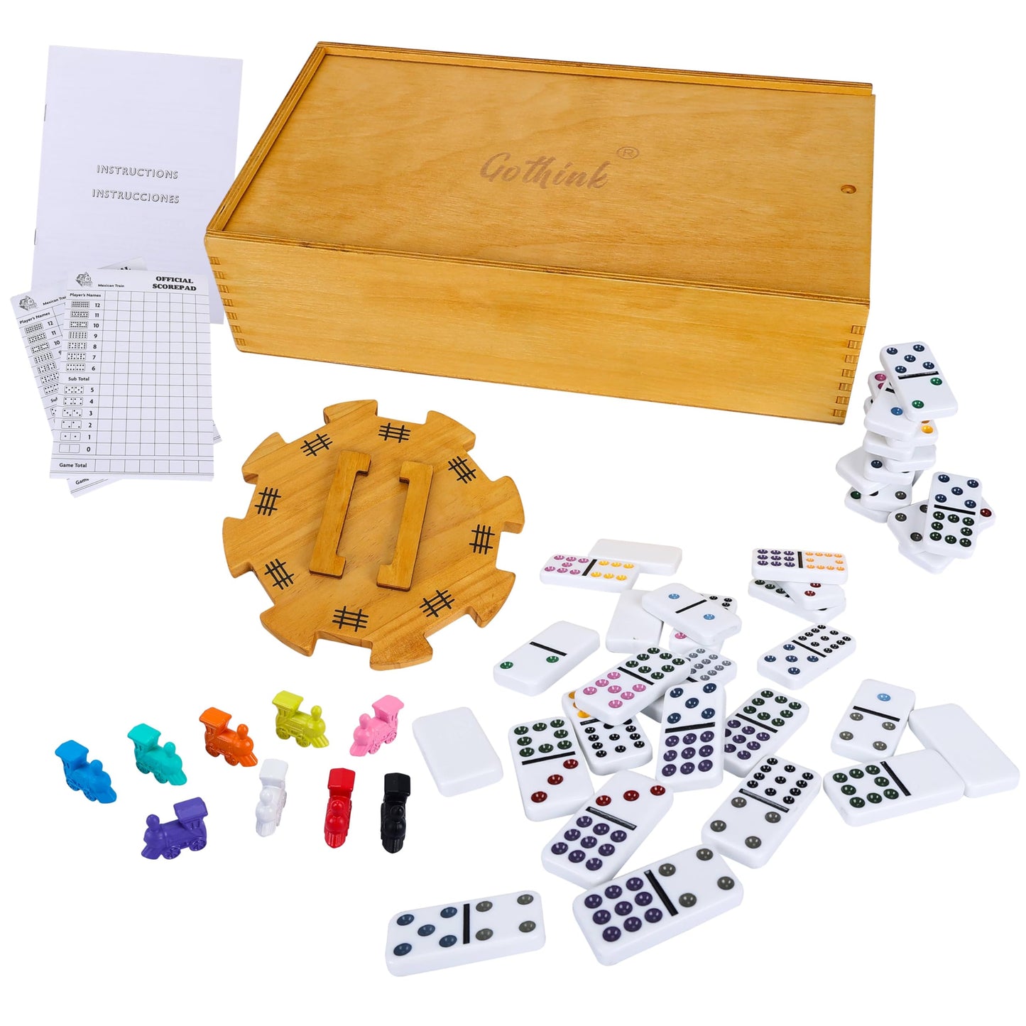 GOTHINK Mexican Train Dominoes Set – Double 12, Family Board Game with Trains, Racks & Wooden Case
