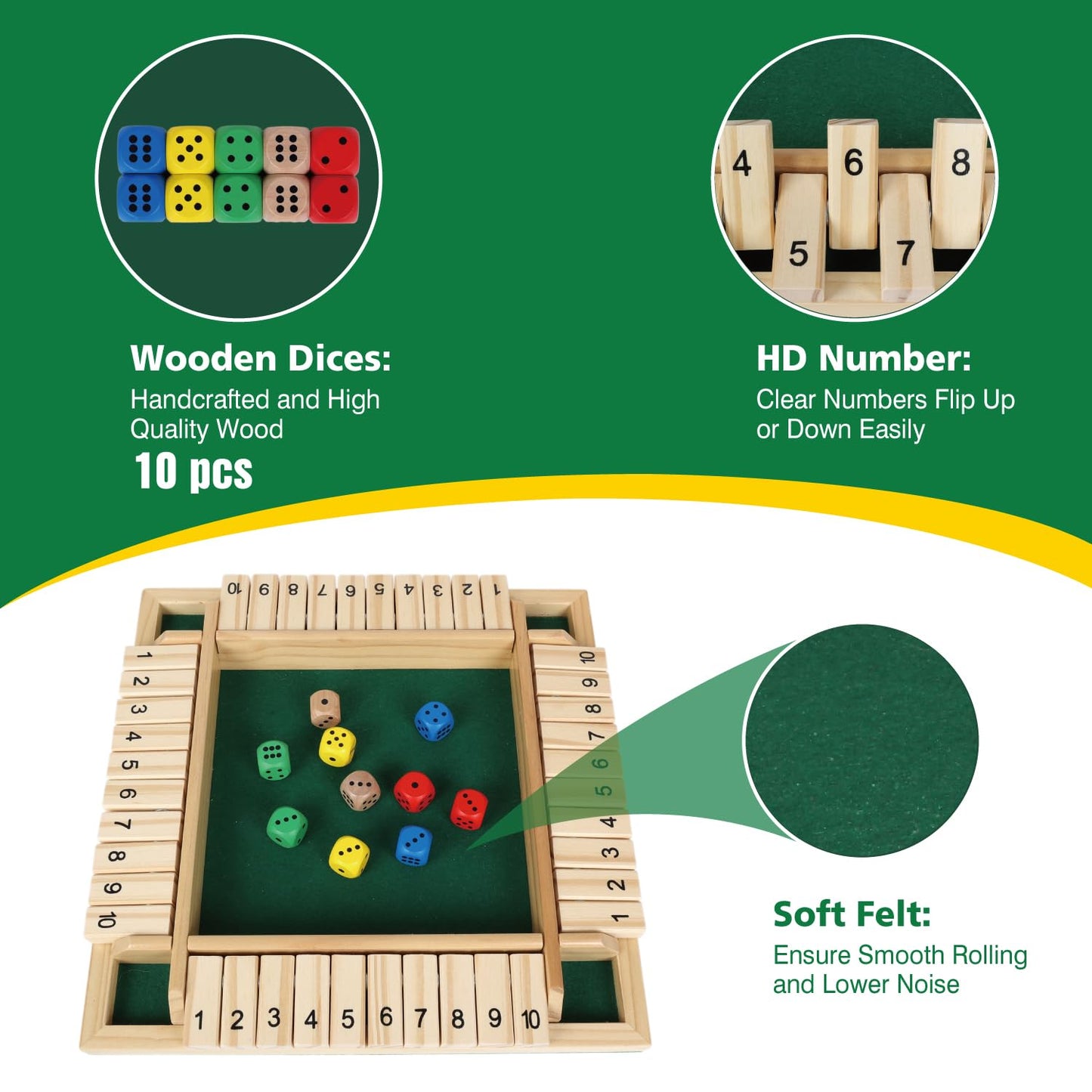 GOTHINK 1-4 Player Shut The Box Dice Game – 11.5-Inch Wooden Board | Family Math & Strategy