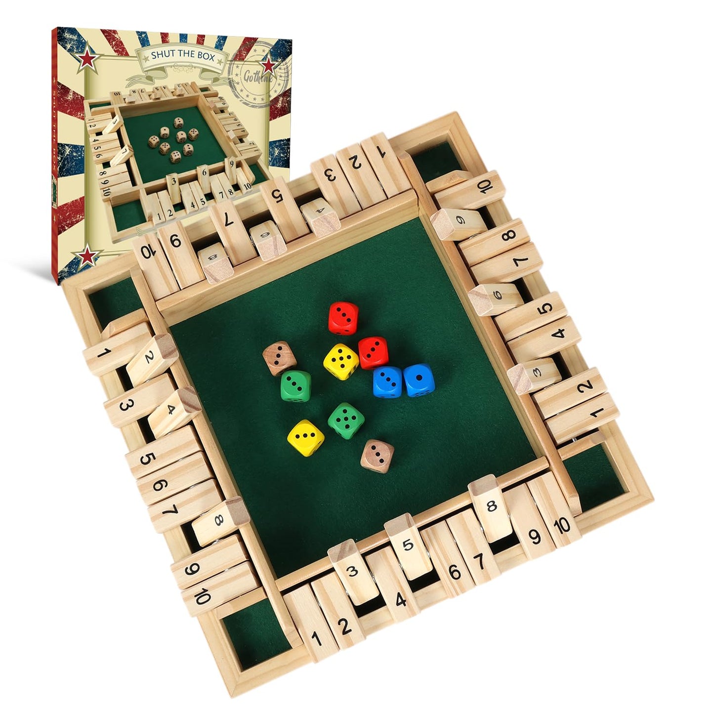 GOTHINK 1-4 Player Shut The Box Dice Game – 11.5-Inch Wooden Board | Family Math & Strategy
