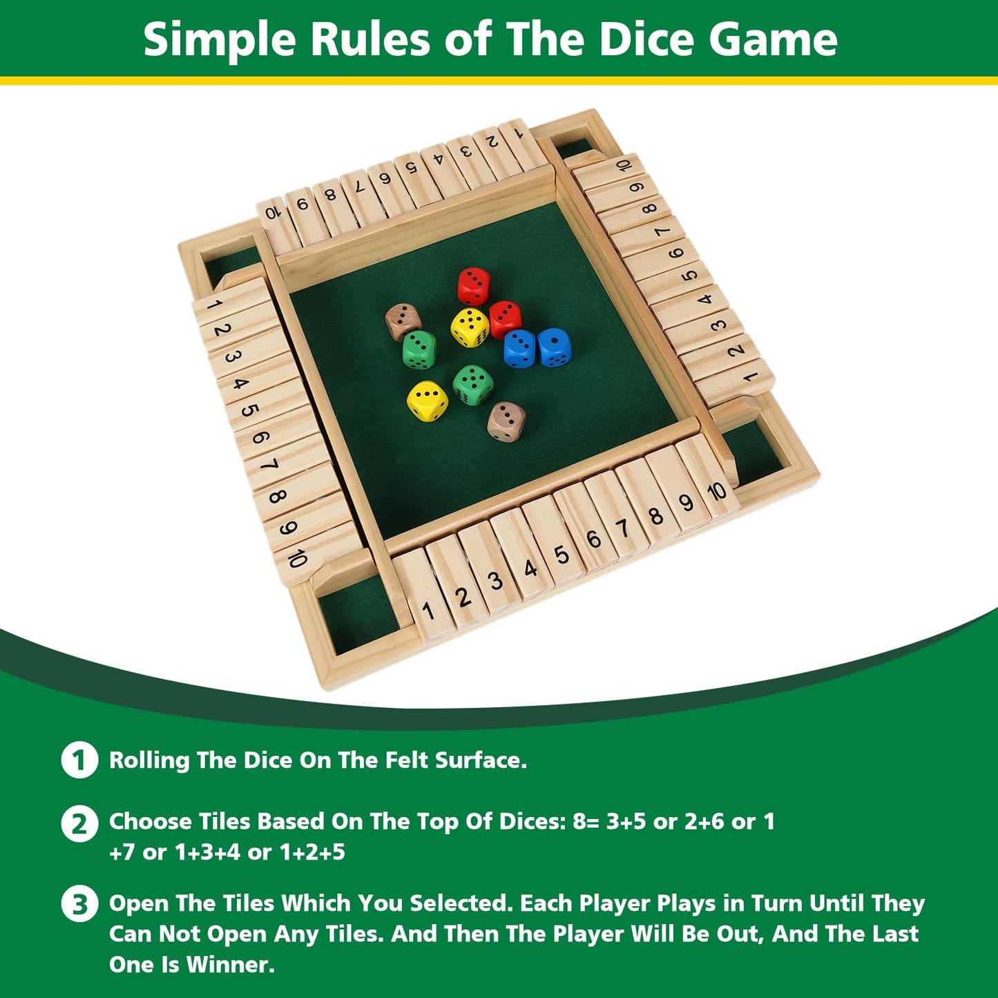 GOTHINK 1-4 Player Shut The Box Dice Game – 11.5-Inch Wooden Board | Family Math & Strategy