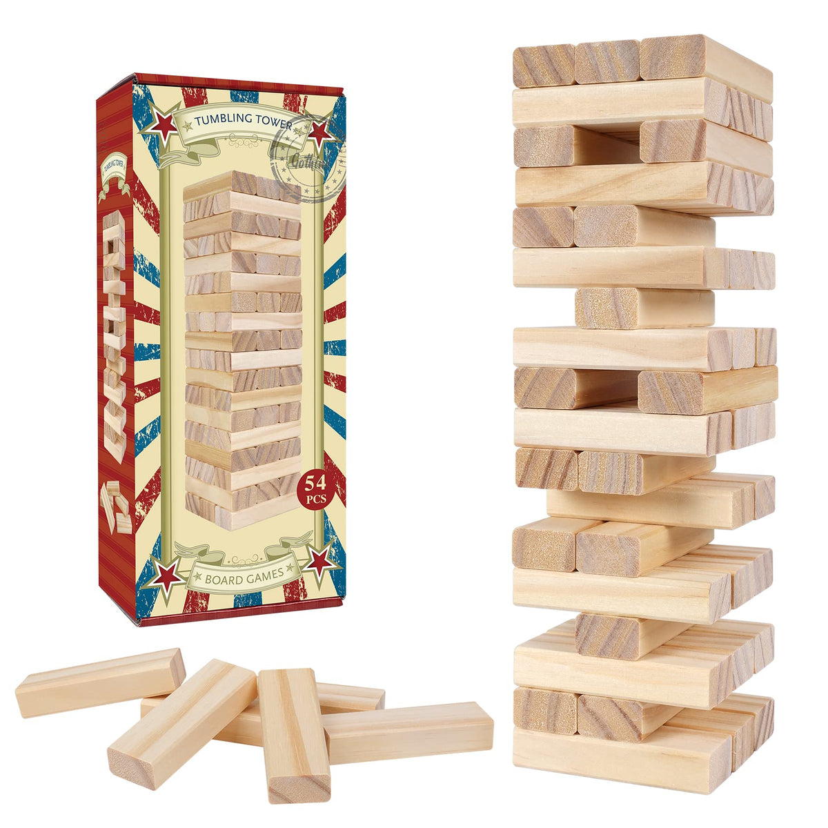 GOTHINK Tumble Tower Game – 54 Wooden Blocks for Family Night | Classic Stacking