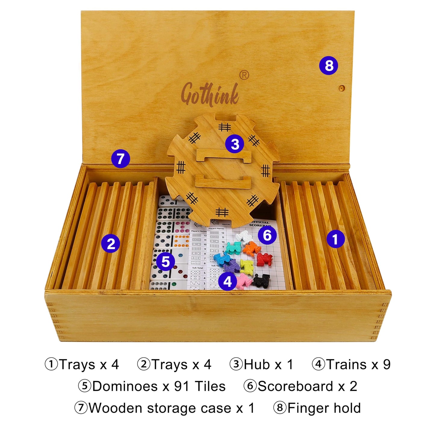 GOTHINK Mexican Train Dominoes Set – Double 12, Family Board Game with Trains, Racks & Wooden Case
