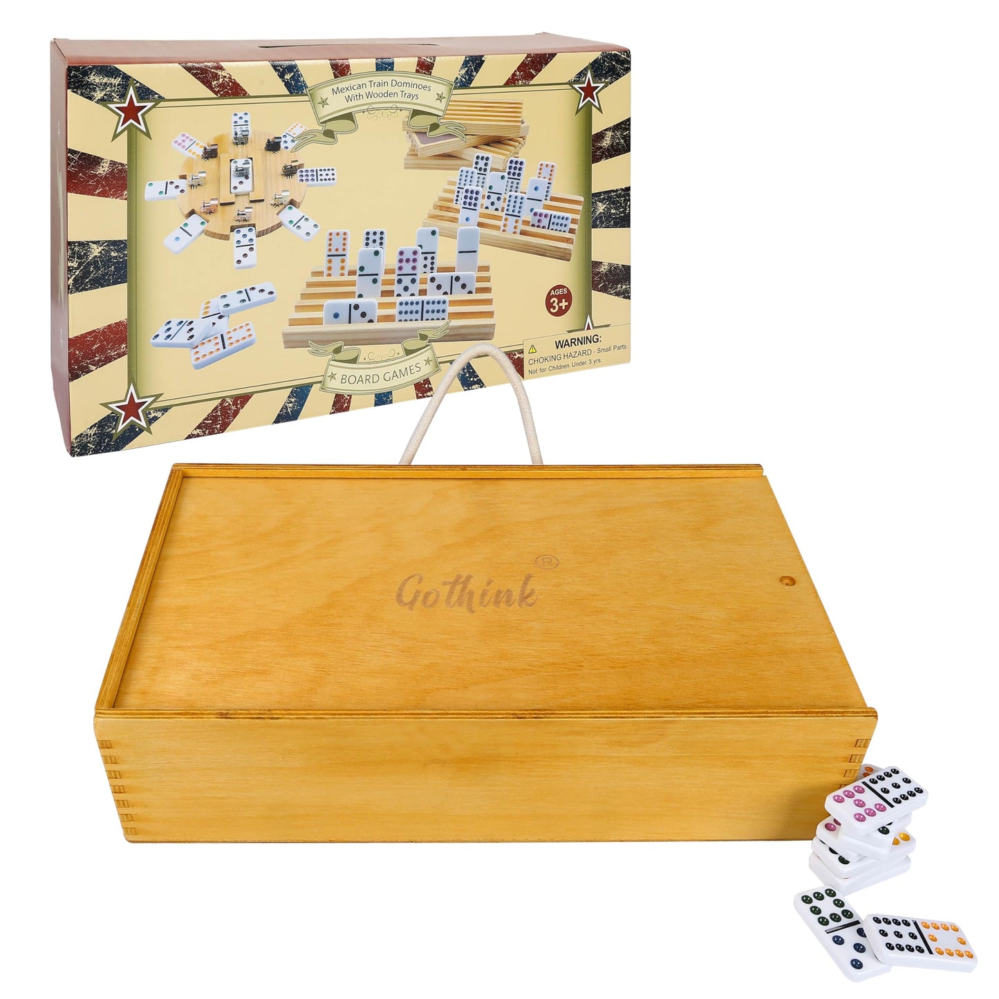 GOTHINK Mexican Train Dominoes Set – Double 12, Family Board Game with Trains, Racks & Wooden Case