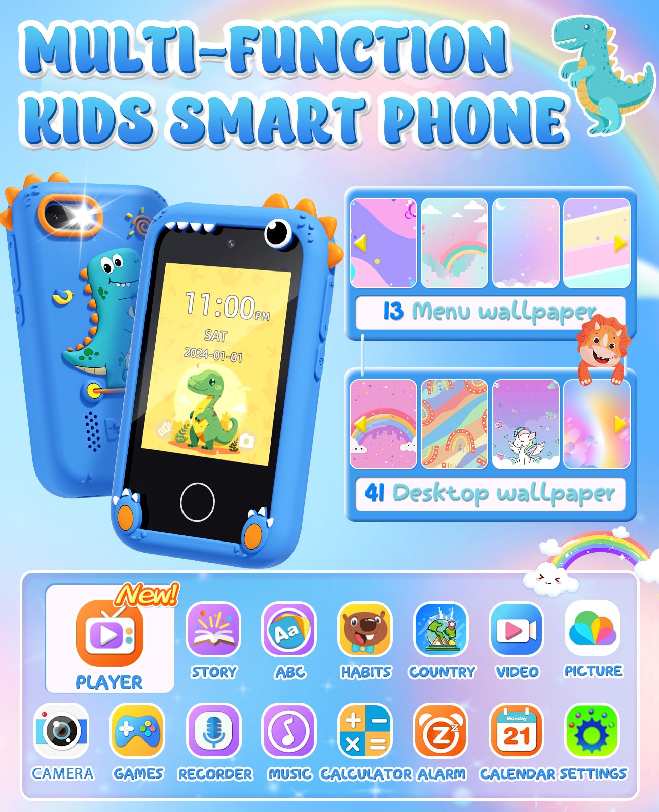 Gothwick Dinosaur Smartphone Toy for Kids 3-12 — Learning Games, Dual Cameras, 8GB Card