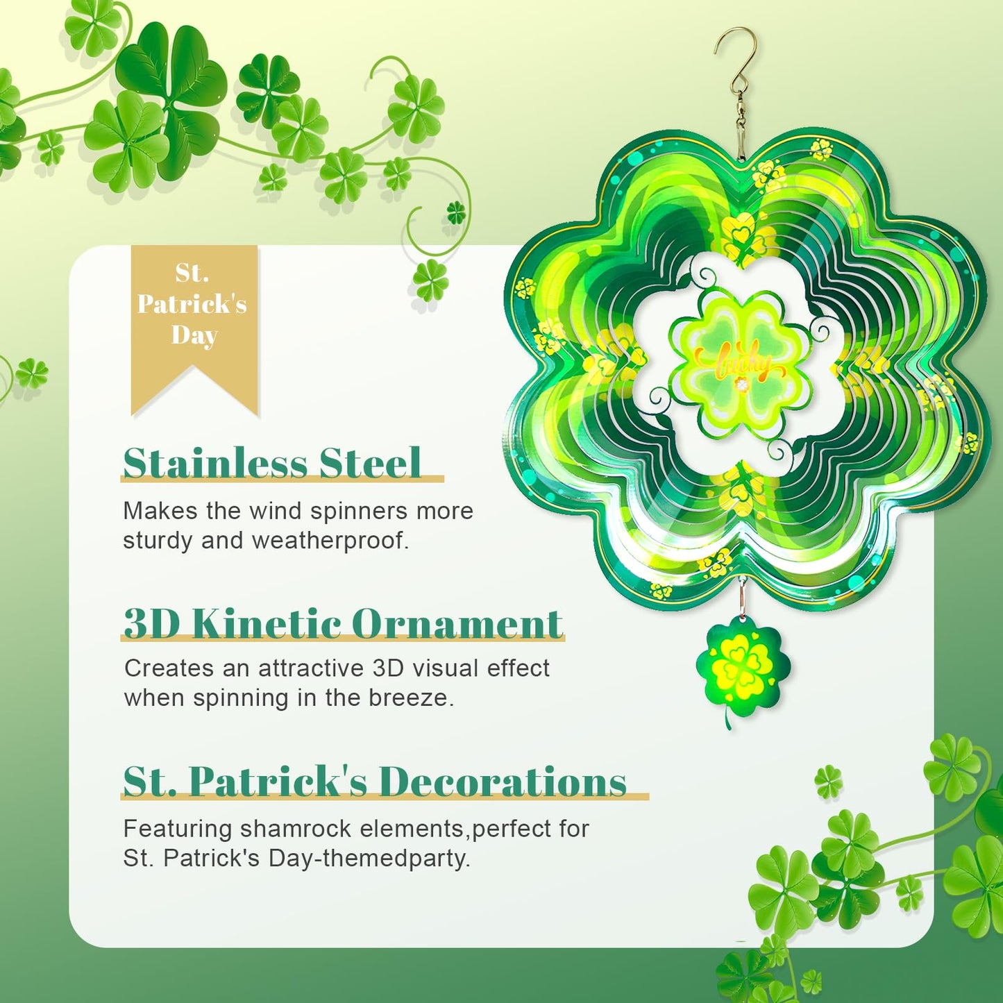 GOTOME Spring Shamrock Wind Spinner 12-Inch – St. Patrick's Day Garden Decor