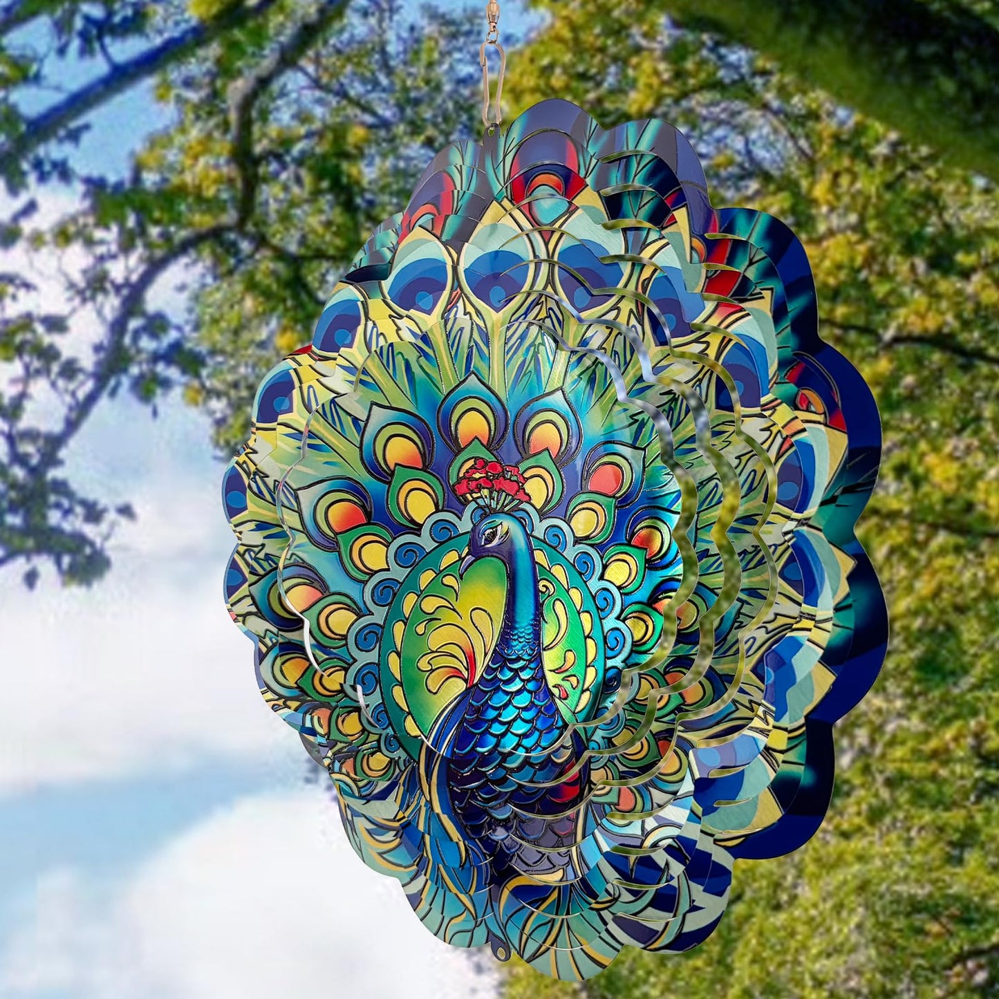GOTOME Peacock Wind Spinner 12-Inch Outdoor Metal Sculpture for Garden – 360° Hanging Decor