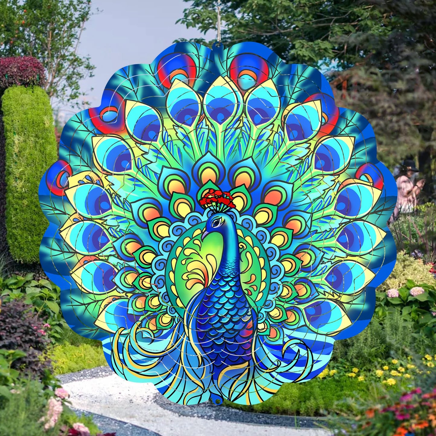 GOTOME Peacock Wind Spinner 12-Inch Outdoor Metal Sculpture for Garden – 360° Hanging Decor