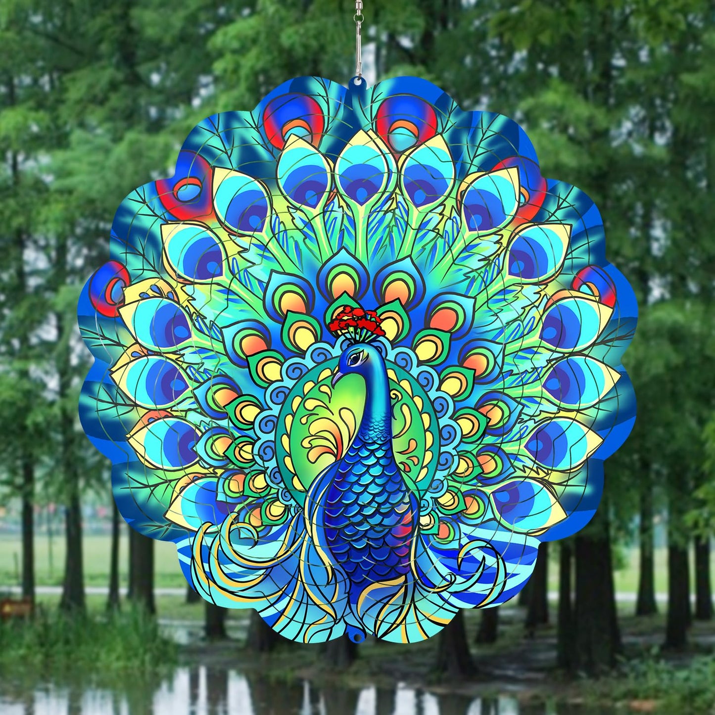GOTOME Peacock Wind Spinner 12-Inch Outdoor Metal Sculpture for Garden – 360° Hanging Decor