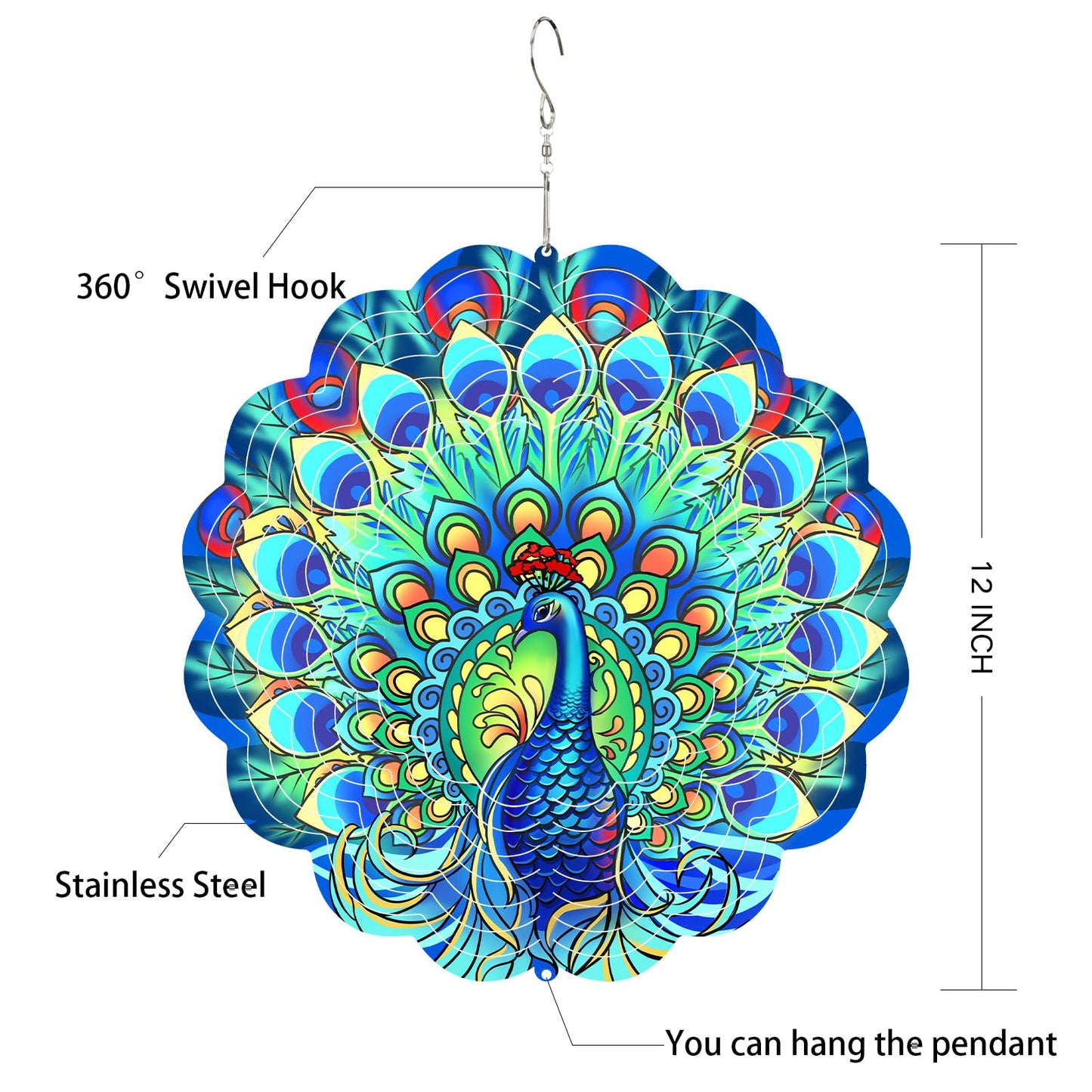 GOTOME Peacock Wind Spinner 12-Inch Outdoor Metal Sculpture for Garden – 360° Hanging Decor