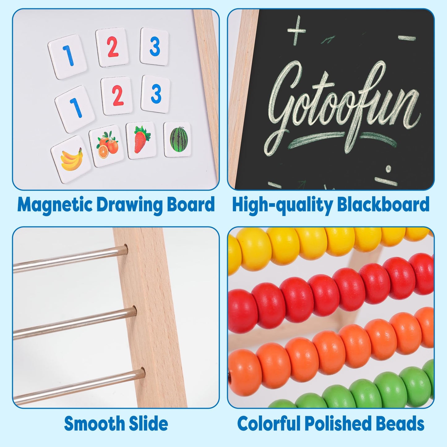 Gotoofun Wooden Abacus for Kids Math – Double-Sided Blackboard & Whiteboard, 308 Magnetic Cards + 100 Counting Sticks