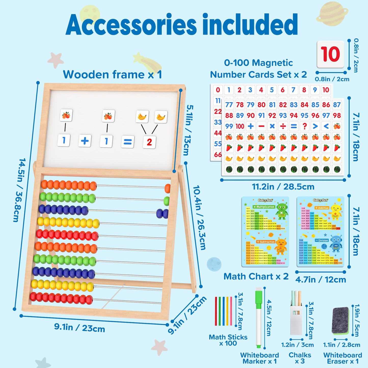 Gotoofun Wooden Abacus for Kids Math – Double-Sided Blackboard & Whiteboard, 308 Magnetic Cards + 100 Counting Sticks