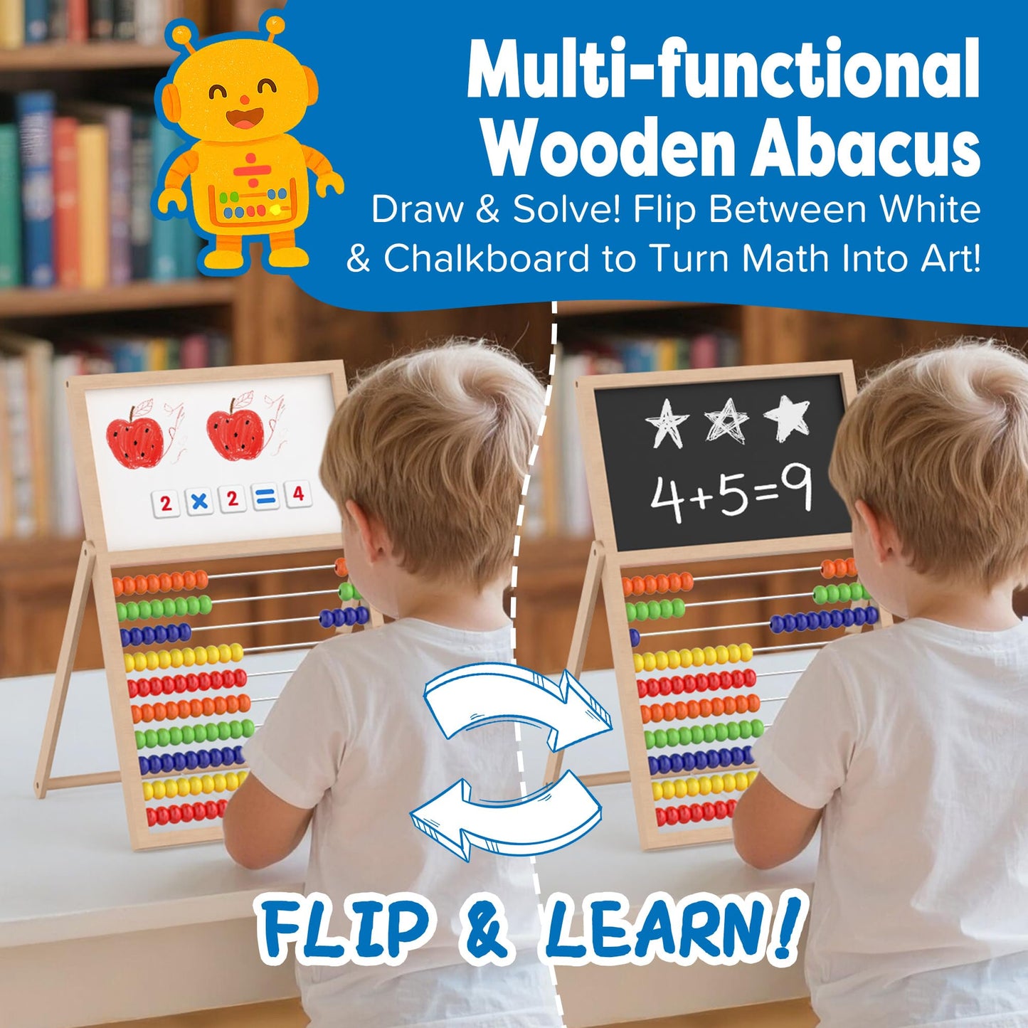 Gotoofun Wooden Abacus for Kids Math – Double-Sided Blackboard & Whiteboard, 308 Magnetic Cards + 100 Counting Sticks