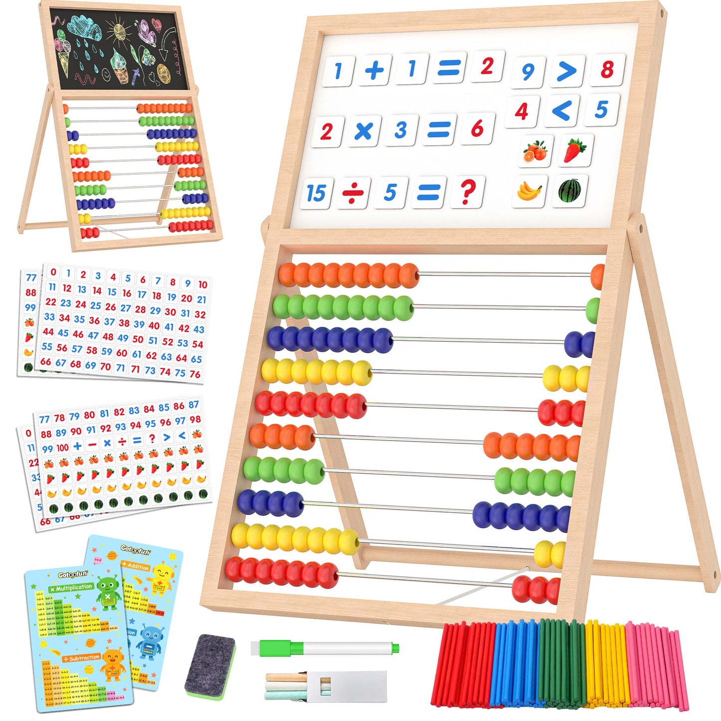 Gotoofun Wooden Abacus for Kids Math – Double-Sided Blackboard & Whiteboard, 308 Magnetic Cards + 100 Counting Sticks