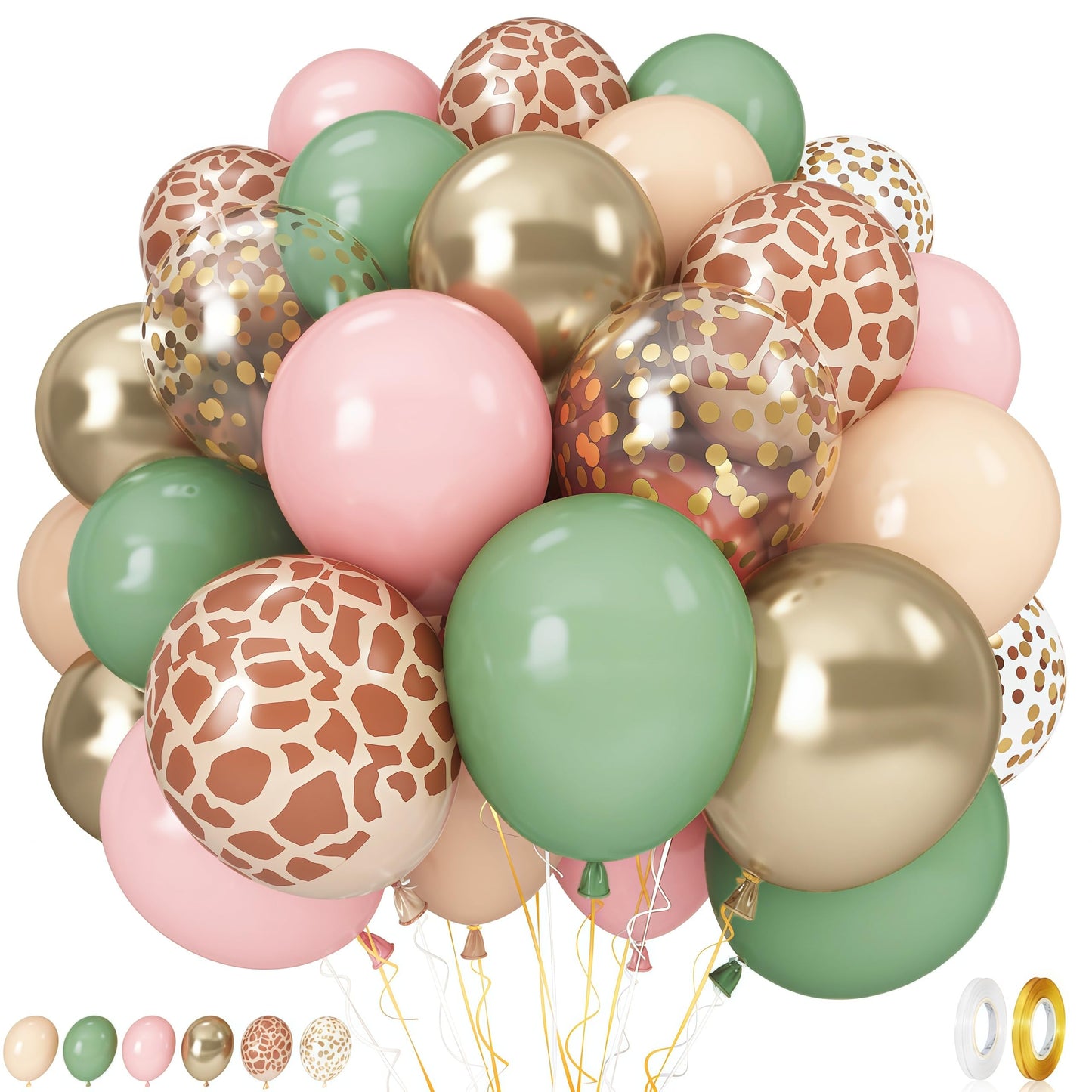 Govpy Pink Jungle Safari Balloons – 60pcs, 12in, Pastel Pink Green Gold with Giraffe Print