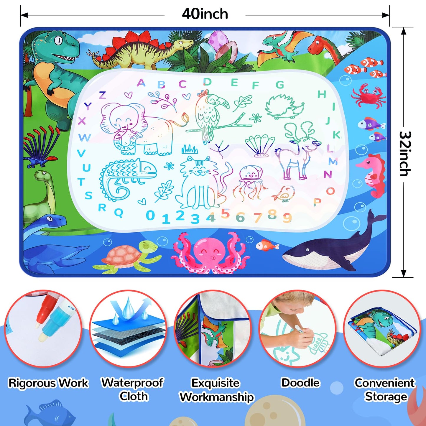 GPPNKC Water Doodle Mat 40x32 – Large Mess-Free Water Drawing Toy for Kids