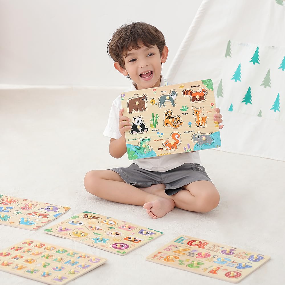 GRINNNIE 5-Piece Wooden Peg Puzzles for Toddlers (Numbers, Alphabet, Shapes, Animals) – Montessori Toy Gift