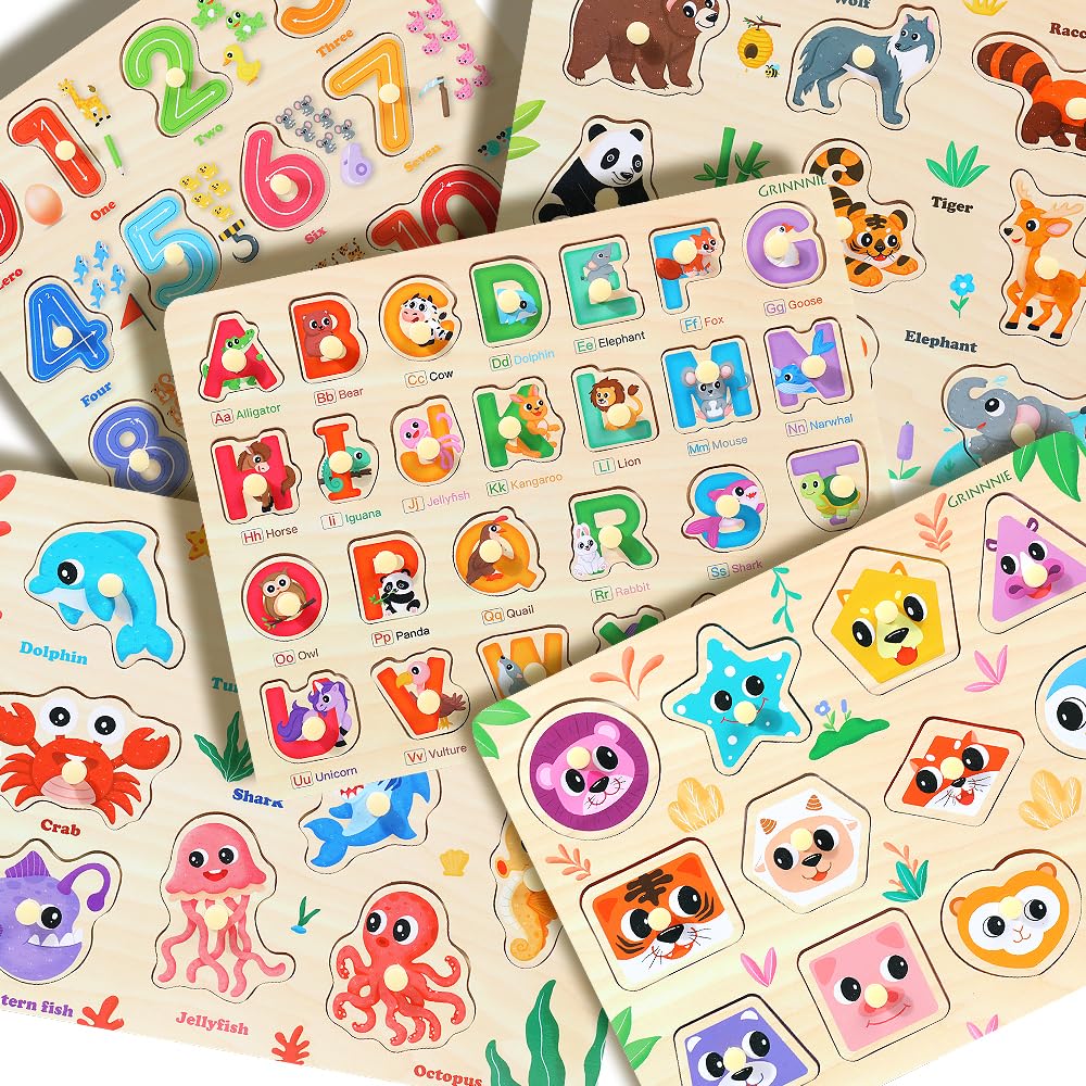 GRINNNIE 5-Piece Wooden Peg Puzzles for Toddlers (Numbers, Alphabet, Shapes, Animals) – Montessori Toy Gift
