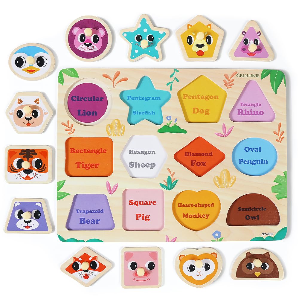 GRINNNIE 5-Piece Wooden Peg Puzzles for Toddlers (Numbers, Alphabet, Shapes, Animals) – Montessori Toy Gift