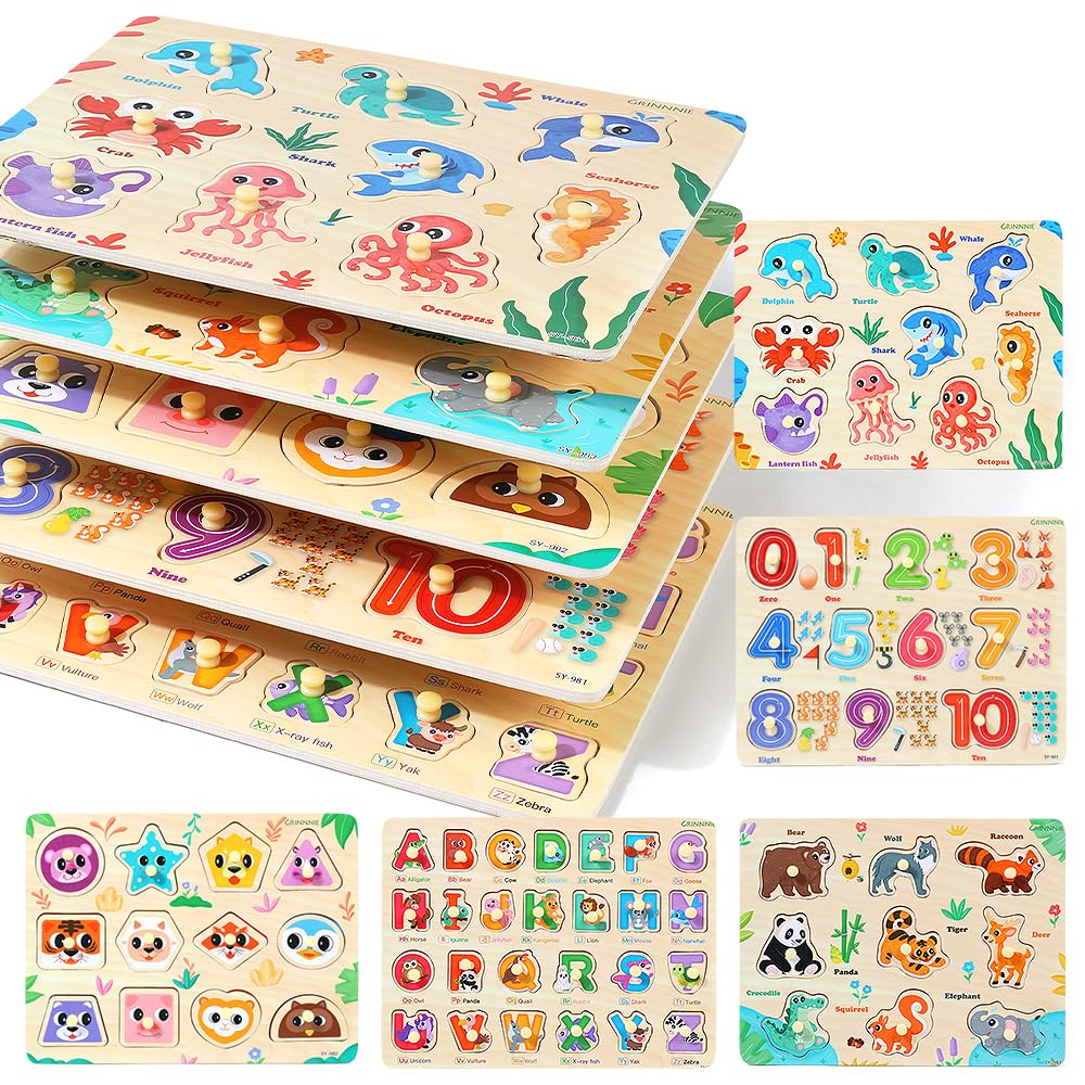 GRINNNIE 5-Piece Wooden Peg Puzzles for Toddlers (Numbers, Alphabet, Shapes, Animals) – Montessori Toy Gift