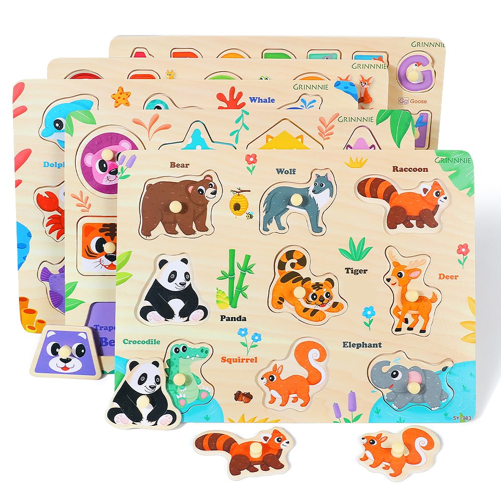 GRINNNIE 5-Piece Wooden Peg Puzzles for Toddlers (Numbers, Alphabet, Shapes, Animals) – Montessori Toy Gift