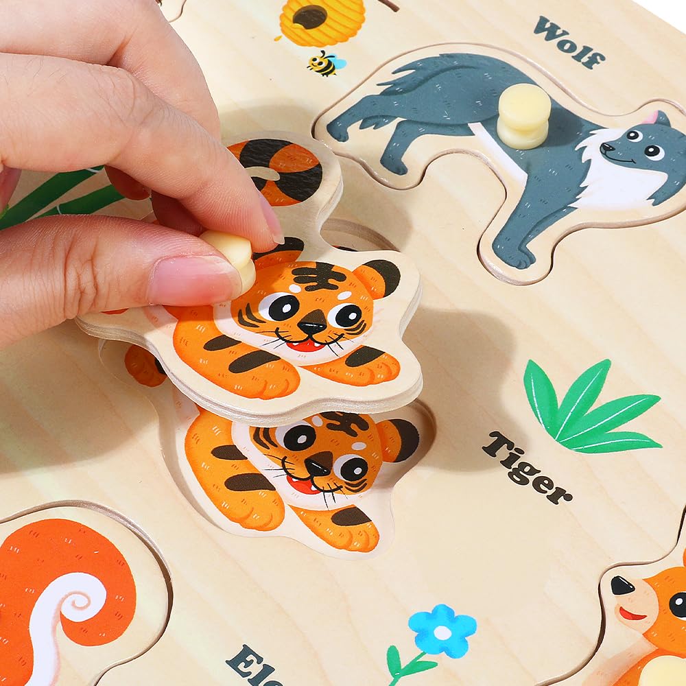 GRINNNIE 5-Piece Wooden Peg Puzzles for Toddlers (Numbers, Alphabet, Shapes, Animals) – Montessori Toy Gift