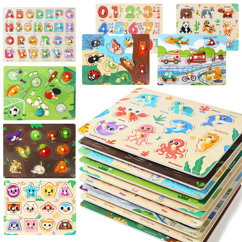 GR GRINNNIE 9 Pack Montessori Toddler Puzzle for 3-5 Years – Wooden Alphabet, Number, Shape & More