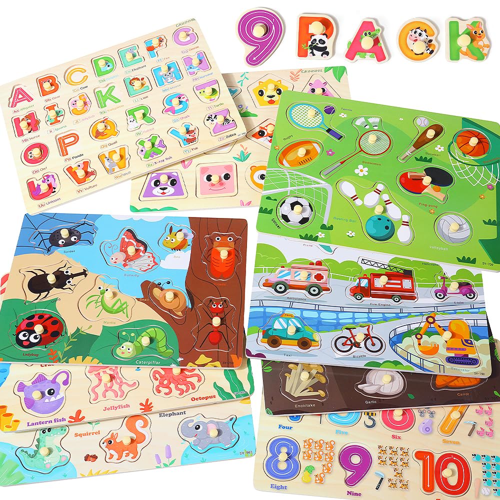 GR GRINNNIE 9 Pack Montessori Toddler Puzzle for 3-5 Years – Wooden Alphabet, Number, Shape & More