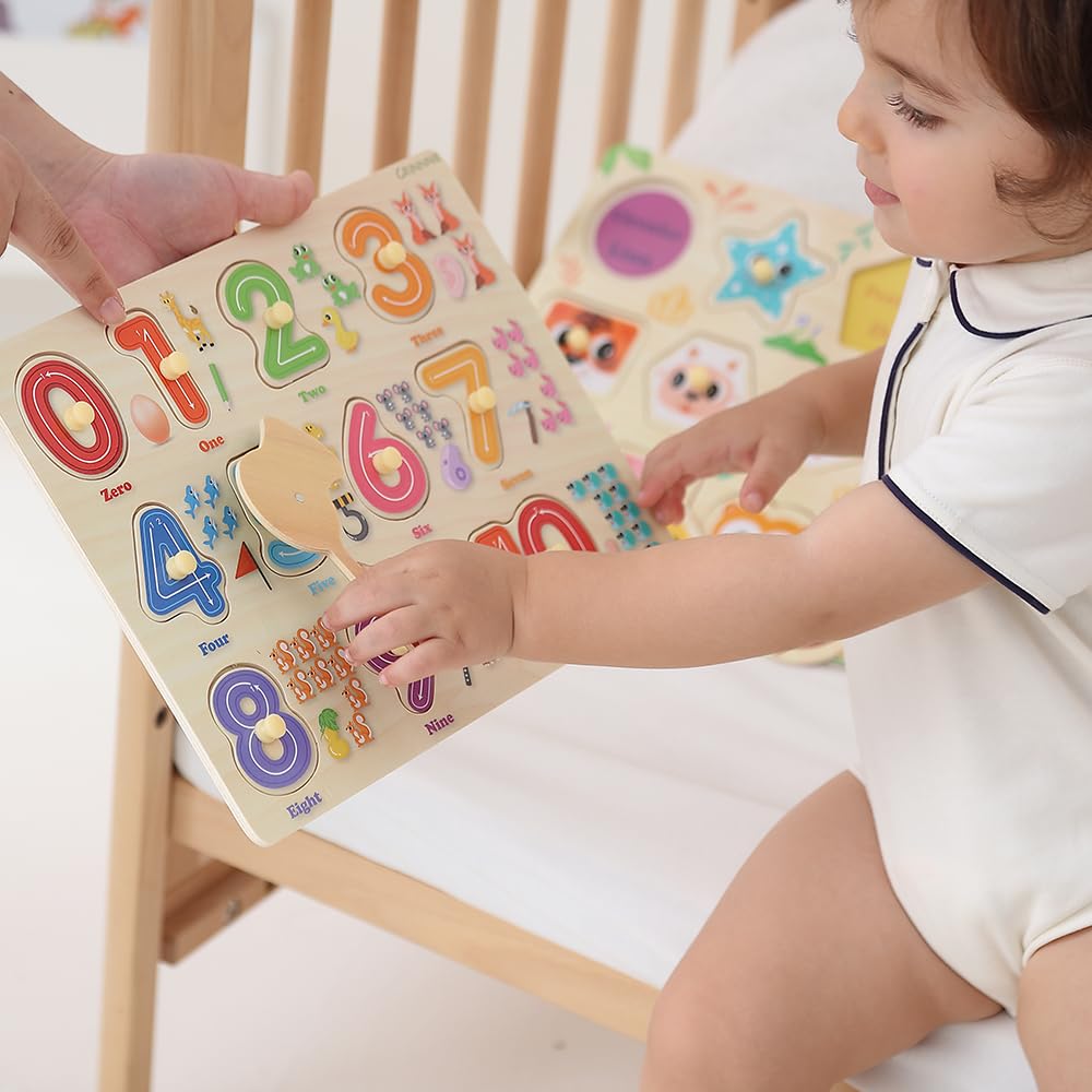 GR GRINNNIE 9 Pack Montessori Toddler Puzzle for 3-5 Years – Wooden Alphabet, Number, Shape & More