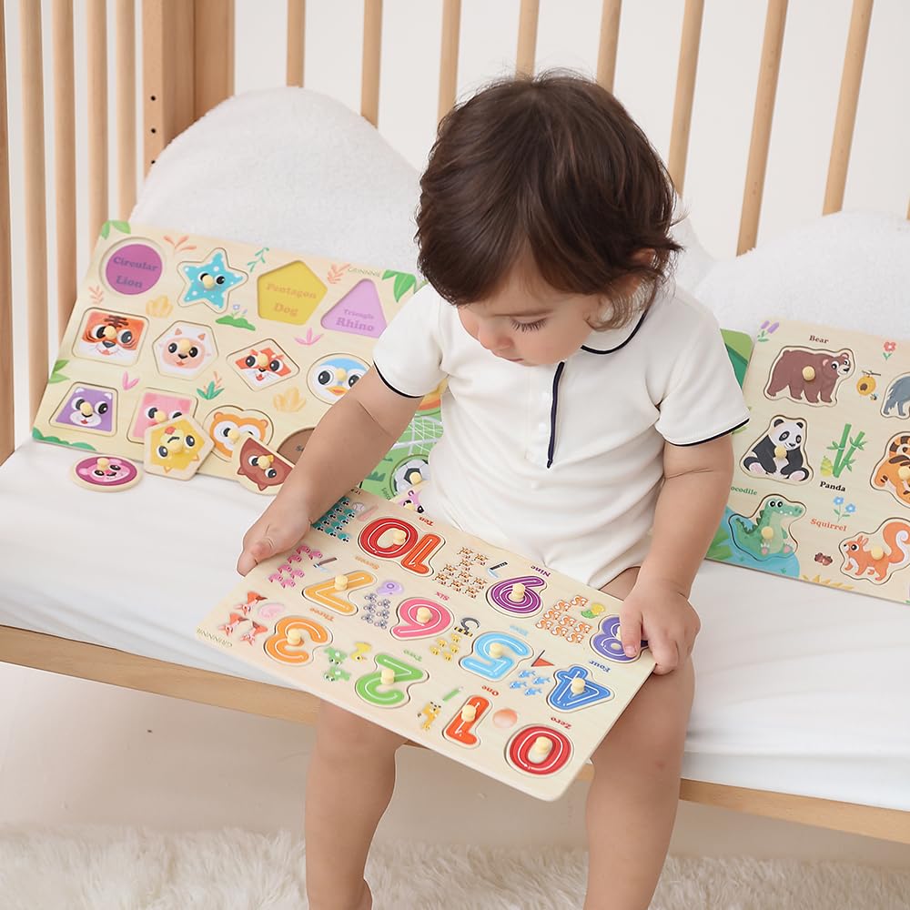 GR GRINNNIE 9 Pack Montessori Toddler Puzzle for 3-5 Years – Wooden Alphabet, Number, Shape & More