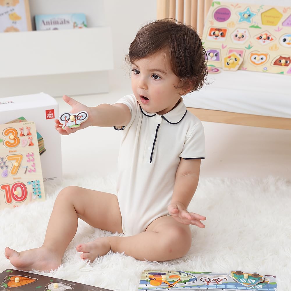 GR GRINNNIE 9 Pack Montessori Toddler Puzzle for 3-5 Years – Wooden Alphabet, Number, Shape & More