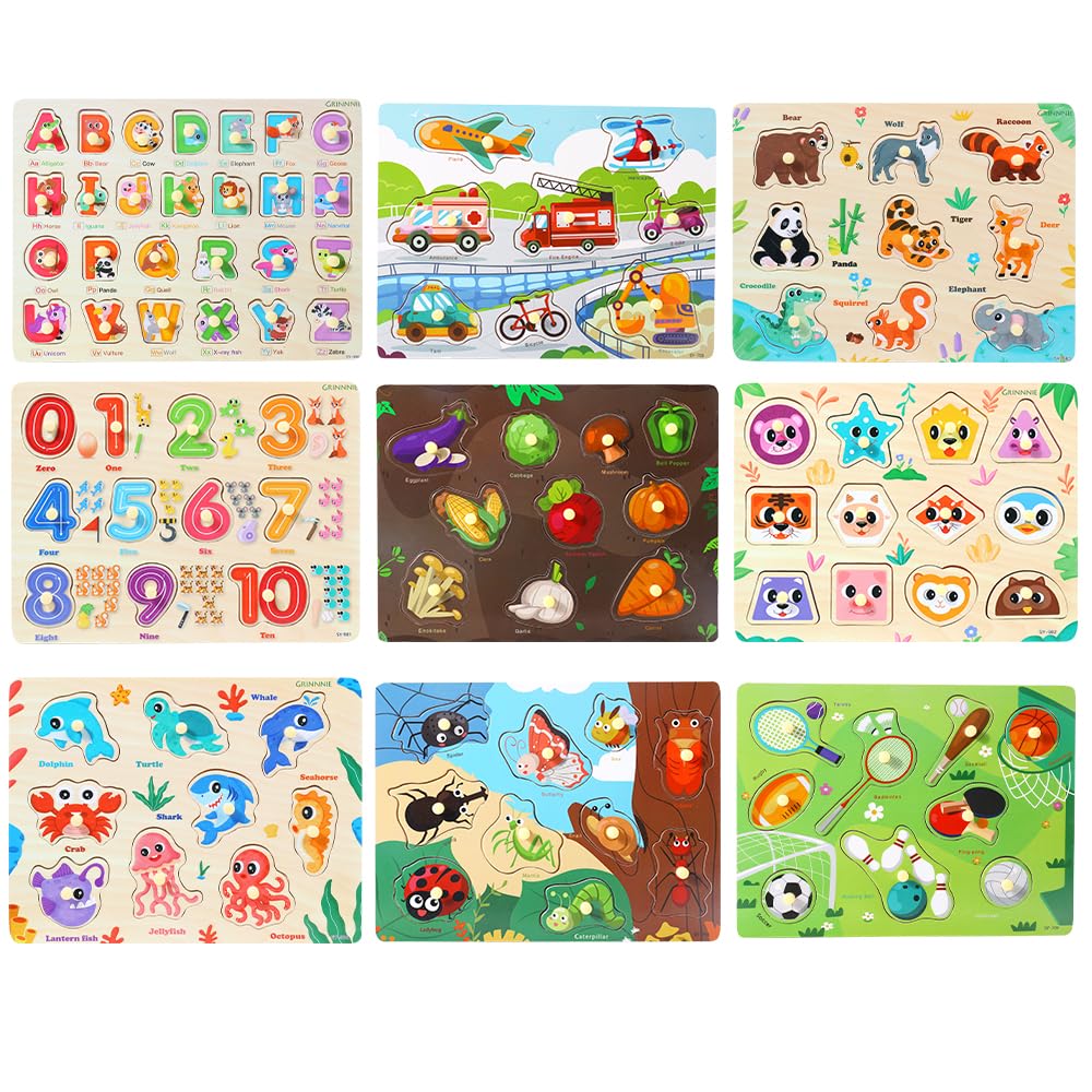 GR GRINNNIE 9 Pack Montessori Toddler Puzzle for 3-5 Years – Wooden Alphabet, Number, Shape & More