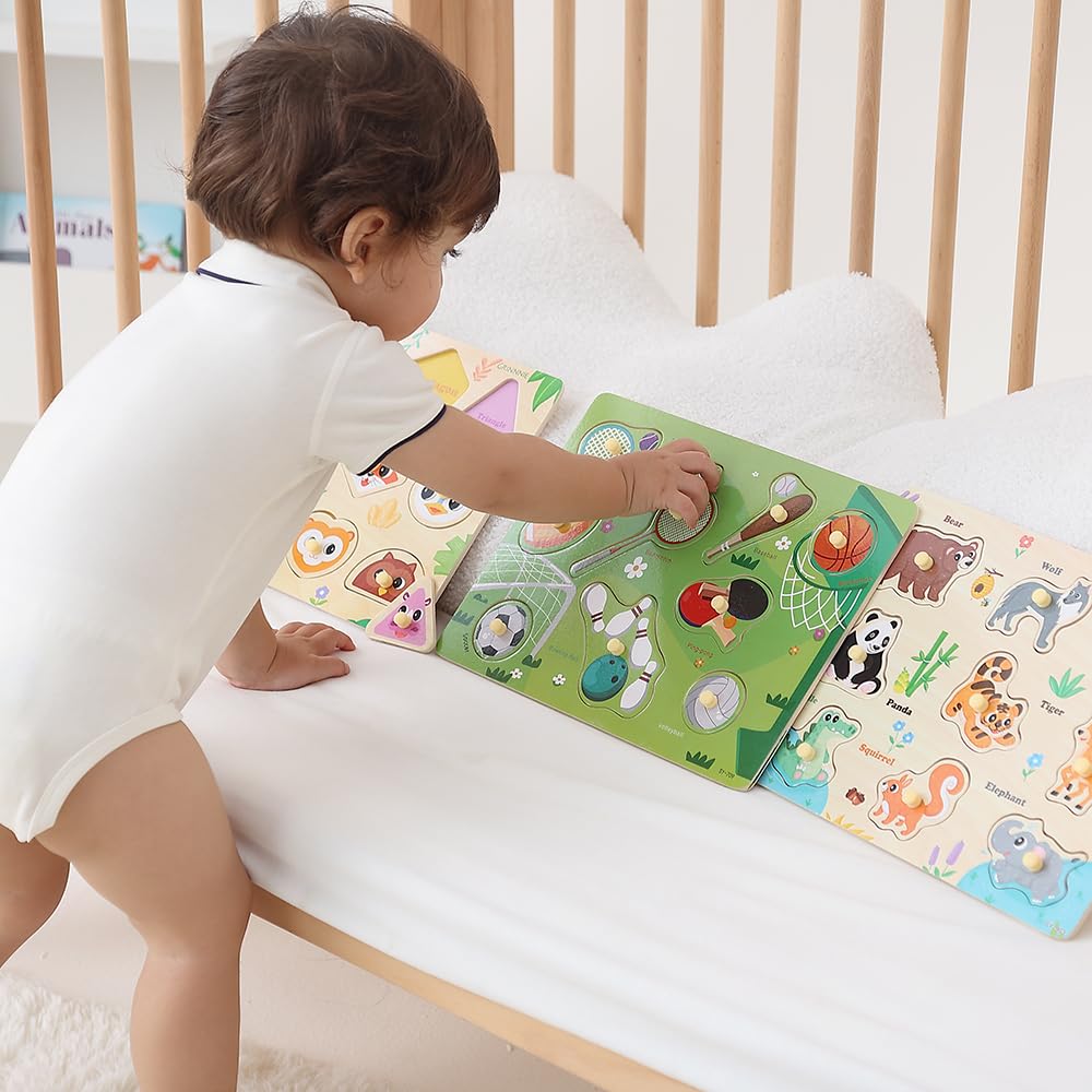 GR GRINNNIE 9 Pack Montessori Toddler Puzzle for 3-5 Years – Wooden Alphabet, Number, Shape & More