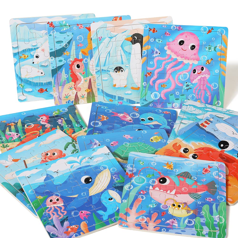 GR GRINNNIE Wooden Ocean Animals 12 Piece Puzzle for Toddlers