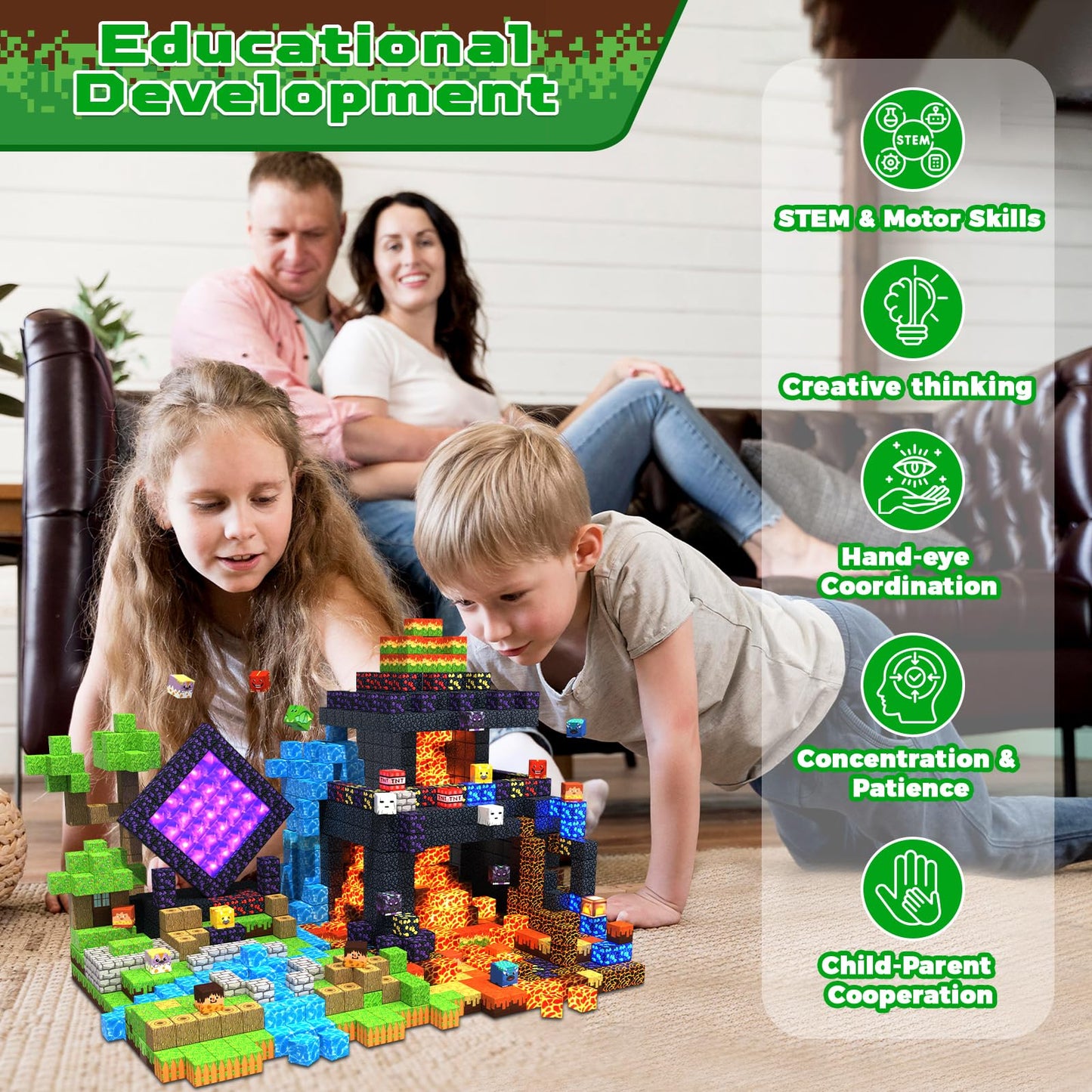 GraceDuck Magnetic Blocks 300 PCS – Light-Up Blocks, Dinosaur Volcano Forest Castle STEM Toy for Kids 3+