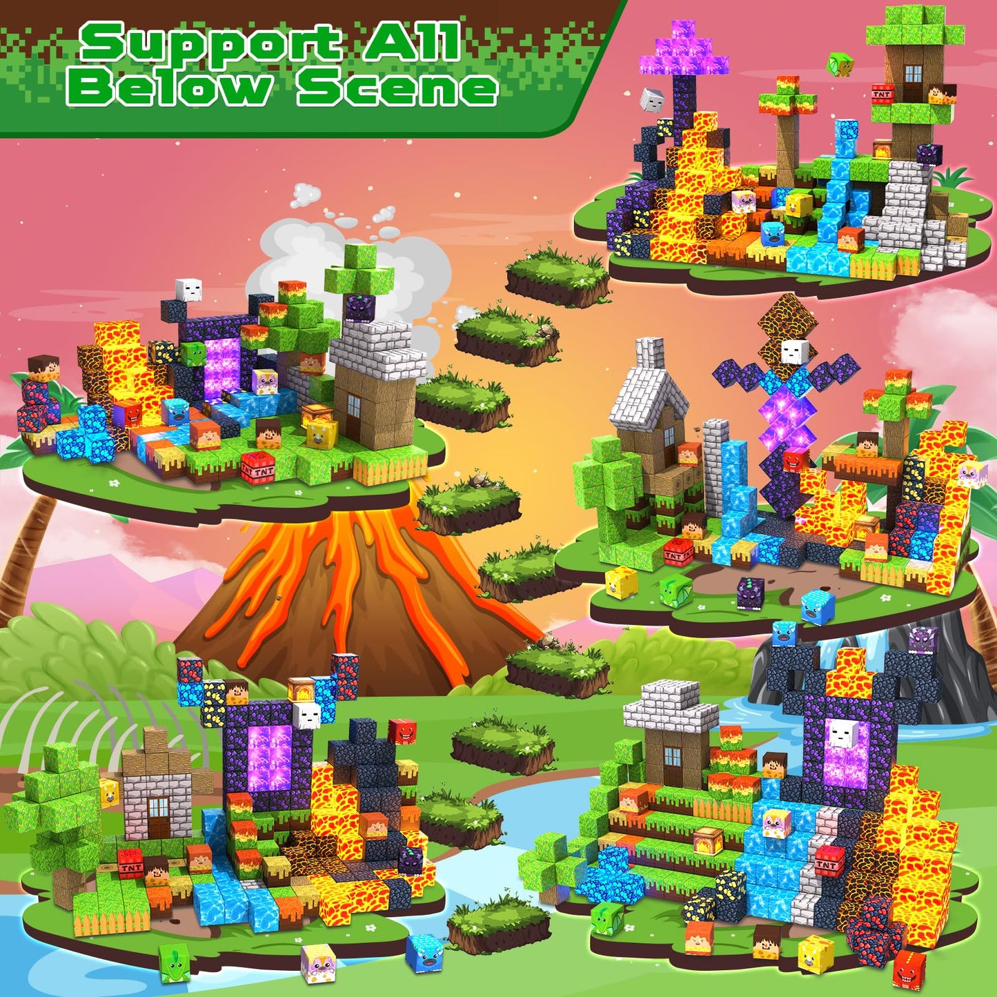 GraceDuck Magnetic Blocks 300 PCS – Light-Up Blocks, Dinosaur Volcano Forest Castle STEM Toy for Kids 3+