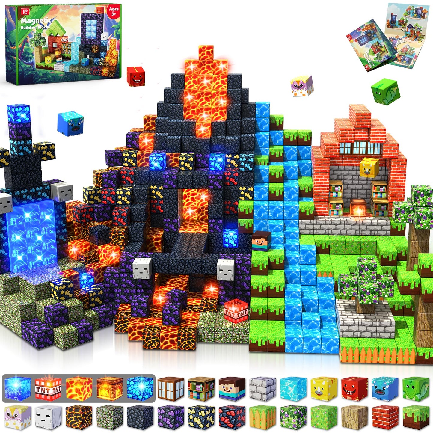 GraceDuck Magnetic Blocks 150-Piece Dinosaur Volcano Forest Castle Set with LED Lights | STEM Toy for Kids 3+