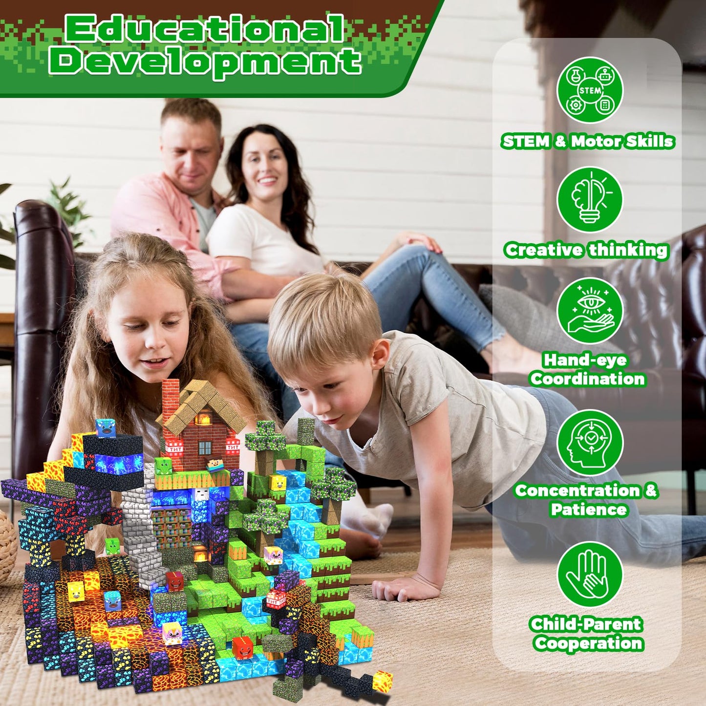 GraceDuck Magnetic Blocks 150-Piece Dinosaur Volcano Forest Castle Set with LED Lights | STEM Toy for Kids 3+