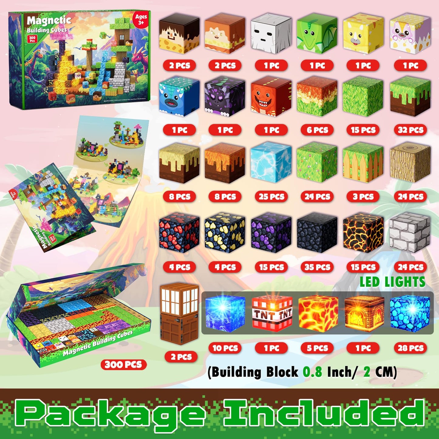 GraceDuck Magnetic Blocks 300 PCS – Light-Up Blocks, Dinosaur Volcano Forest Castle STEM Toy for Kids 3+