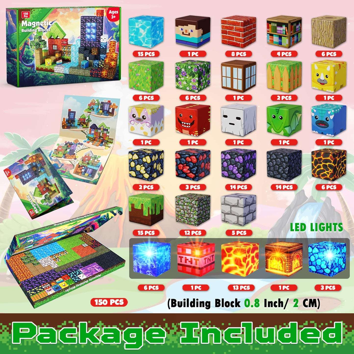 GraceDuck Magnetic Blocks 150-Piece Dinosaur Volcano Forest Castle Set with LED Lights | STEM Toy for Kids 3+