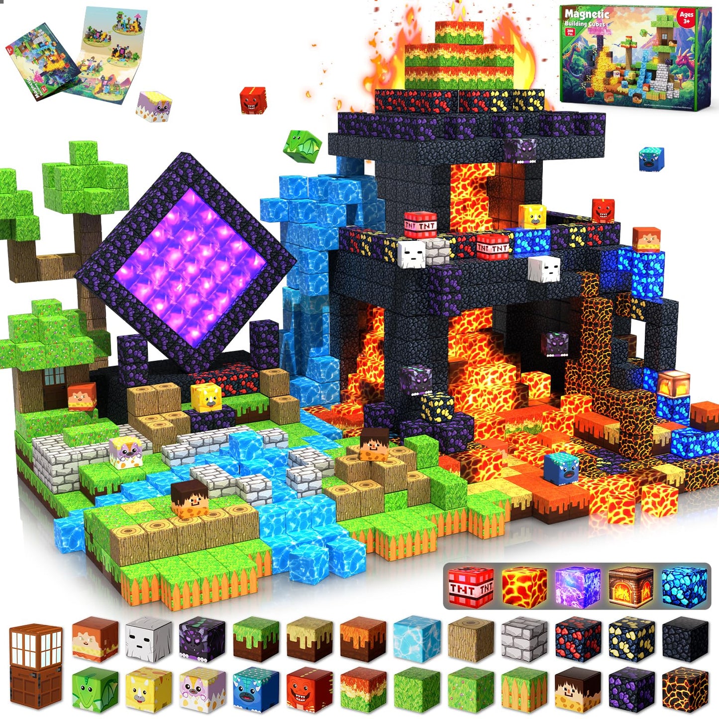 GraceDuck Magnetic Blocks 300 PCS – Light-Up Blocks, Dinosaur Volcano Forest Castle STEM Toy for Kids 3+
