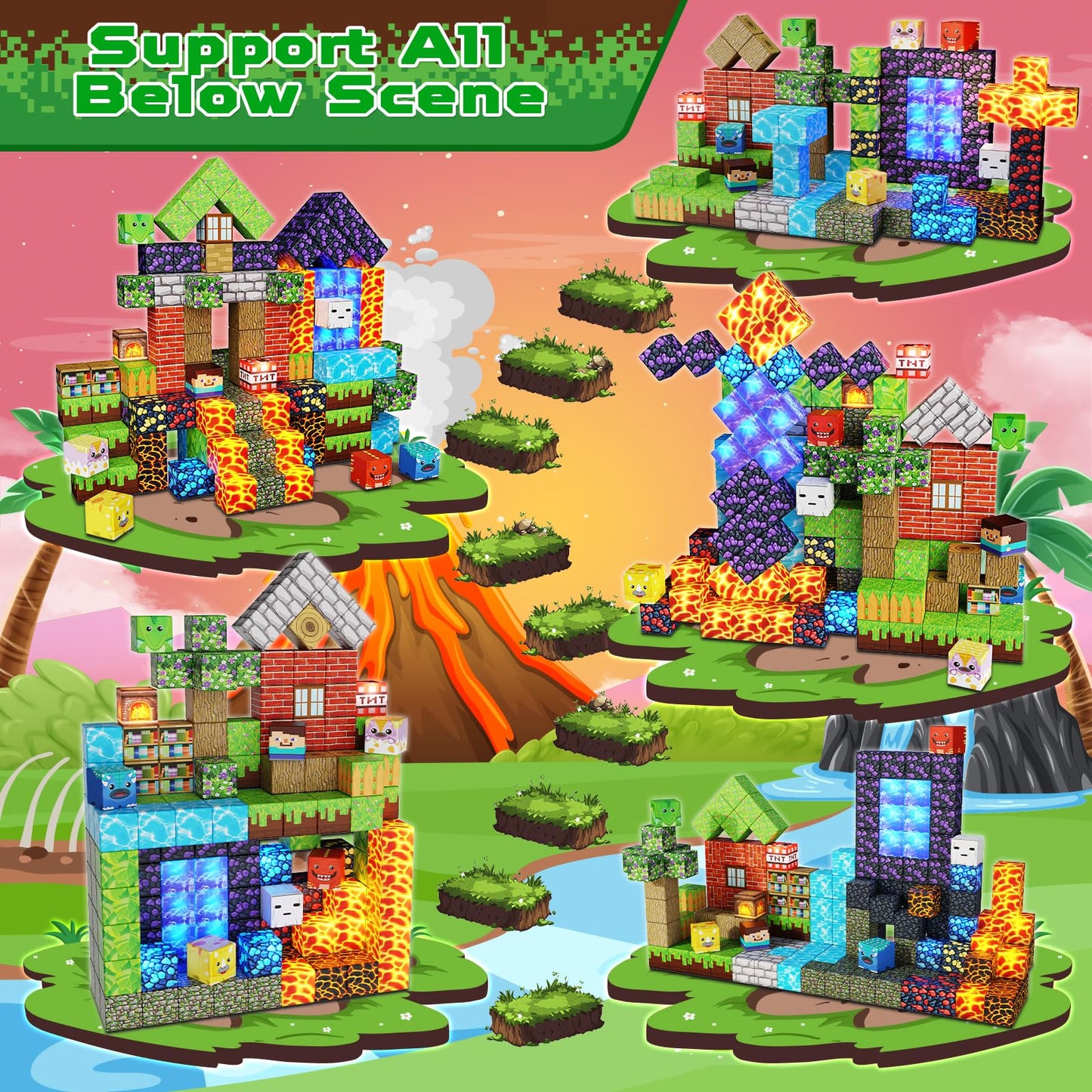 GraceDuck Magnetic Blocks 150-Piece Dinosaur Volcano Forest Castle Set with LED Lights | STEM Toy for Kids 3+