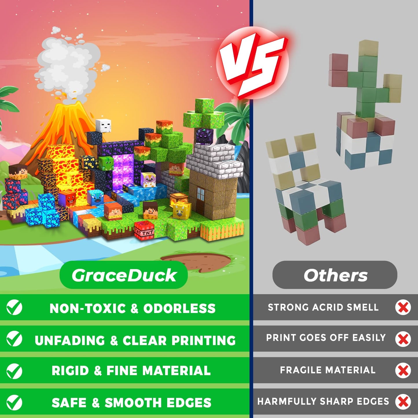 GraceDuck Magnetic Blocks 300 PCS – Light-Up Blocks, Dinosaur Volcano Forest Castle STEM Toy for Kids 3+