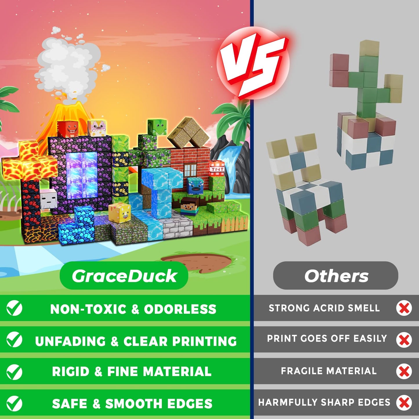 GraceDuck Magnetic Blocks 150-Piece Dinosaur Volcano Forest Castle Set with LED Lights | STEM Toy for Kids 3+