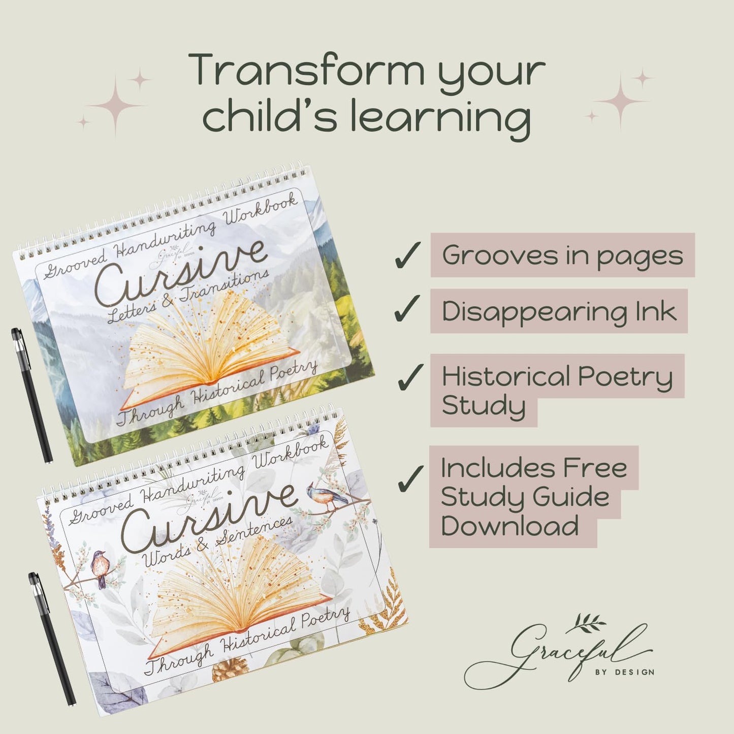 Graceful By Design Grooved Cursive Handwriting Workbook | Reusable Practice for Kids 8-12