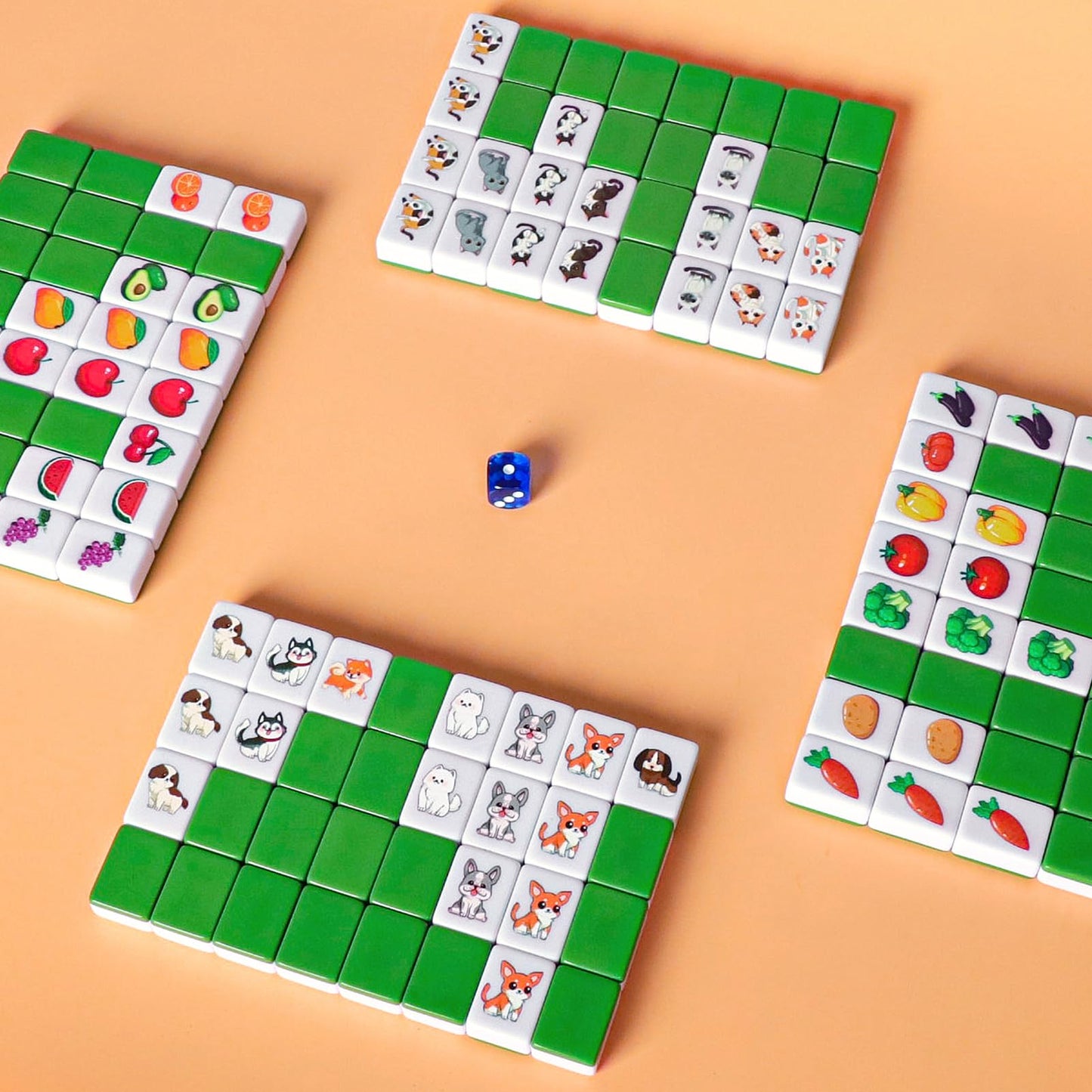 GRACIAS 4-Player Mahjong Block Set – 128 Green Tiles (1.18 inch) with Animal and Food Patterns