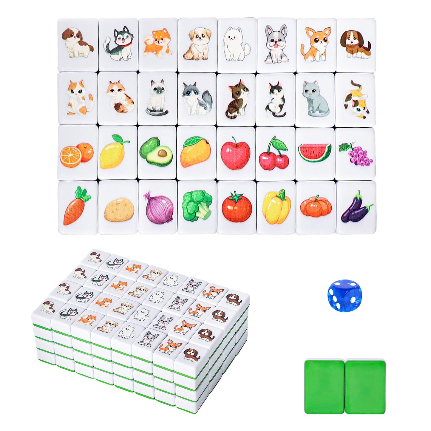 GRACIAS 4-Player Mahjong Block Set – 128 Green Tiles (1.18 inch) with Animal and Food Patterns
